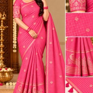 Elegant Rani Pink Georgette Grid Check Saree with Designer Peacock Blouse