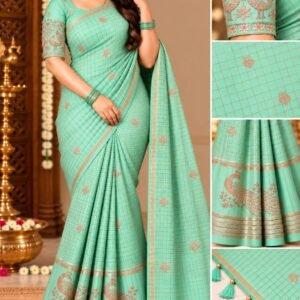 Elegant Mint Green Georgette Grid Check Saree with Designer Peacock Blouse
