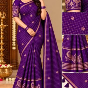 Elegant Deep Purple Georgette Grid Check Saree with Designer Peacock Blouse