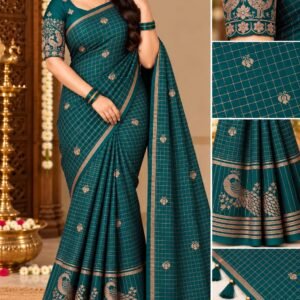 Elegant Peacock Green Georgette Grid Check Saree with Designer Peacock Blouse