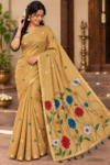file_00000000013481f59ff65eabc62c6c64 Mustard Yellow Multi-Color Floral Linen Cotton Saree with Zari Border
