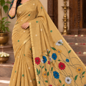Mustard Yellow Multi-Color Floral Linen Cotton Saree with Zari Border