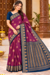 Elegance Party Wear Cotton Saree Magenta & Royal Blue with Zari Weaving