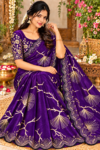 Luxury Space Silk Saree in Deep Royal Purple with Golden Abstract Tree Motifs & Scallop Cutwork Border
