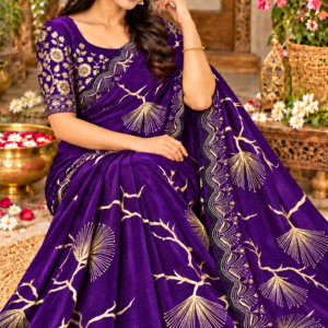 Luxury Space Silk Saree in Deep Royal Purple with Golden Abstract Tree Motifs & Scallop Cutwork Border
