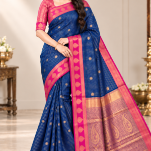Royal Blue with Pink Rich Zari Woven Kanchi Soft Silk Saree with Contrasting Pallu