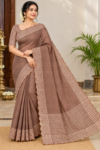 file_0000000010c081fabfc379df31ee3b83 Elegant Brown & White Checkered Linen Cotton Saree with Scalloped Border