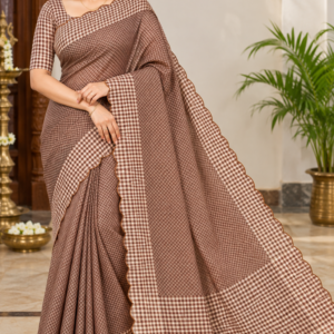 Elegant Brown & White Checkered Linen Cotton Saree with Scalloped Border