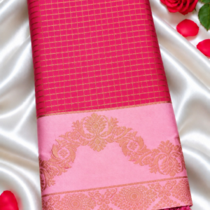 Insta Trend Pink Soft Silk Saree with Zari Grid Checks & Rich Floral Border