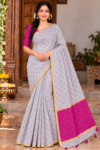 Elegant Grey & Pink Linen Cotton Saree with Zari Borders and Tassels