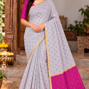Elegant Grey & Pink Linen Cotton Saree with Zari Borders and Tassels