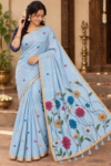 file_0000000016b081f5b4376550b2b65cb8 Charming Sky Blue Multi-Color Floral Linen Cotton Saree with Zari Border