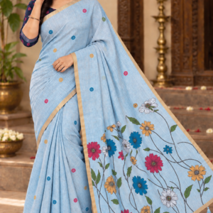 Charming Sky Blue Multi-Color Floral Linen Cotton Saree with Zari Border