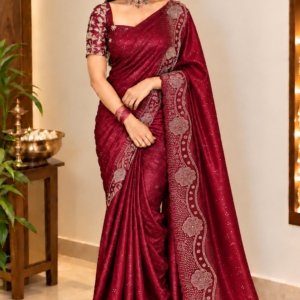 Royal Maroon Designer Space Silk Saree with Intricate Stone Work