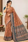 Amazing Party Wear Cotton Saree Caramel Brown & Deep Teal with Zari Weaving