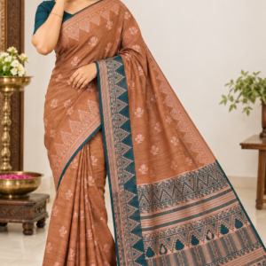 Amazing Party Wear Cotton Saree Caramel Brown & Deep Teal with Zari Weaving