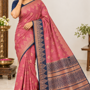 Amazing Party Wear Cotton Saree Dusty Rose Pink & Navy Blue with Zari Weaving