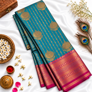 Teal Blue Vaira Oosi Pattu Saree with Magenta Pink Zari Border