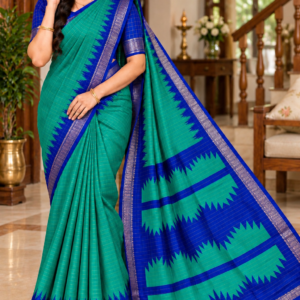 Golden Temple Saree in Peacock Teal Green & Royal Blue with Zari Temple Border