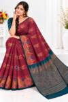 Party Wear Cotton Saree Rich Maroon & Teal Blue with Zari Weaving