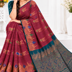 Party Wear Cotton Saree Rich Maroon & Teal Blue with Zari Weaving