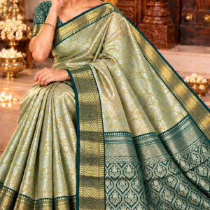 Banarasi Tissue Soft Saree - Metallic Gold & Bottle Green Contrast