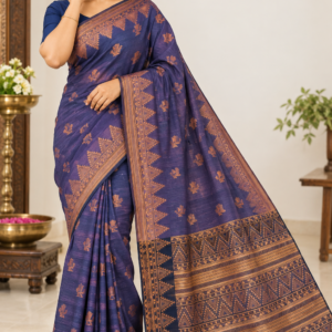 Amazing Party Wear Cotton Saree Navy Blue & Copper with Zari Weaving