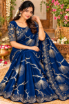 Luxury Space Silk Saree in Royal Navy Blue with Golden Abstract Tree Motifs & Scallop Cutwork Border
