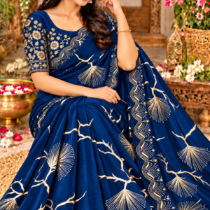 Luxury Space Silk Saree in Royal Navy Blue with Golden Abstract Tree Motifs & Scallop Cutwork Border