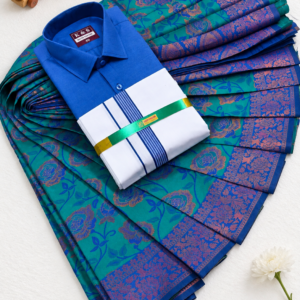 Combo Set - Teal & Blue Floral Saree with Mens Shirt and Veshti