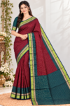 Regal Maroon & Peacock Green Banarasi Cotton Saree with Zari Checkered Pattern