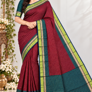 Regal Maroon & Peacock Green Banarasi Cotton Saree with Zari Checkered Pattern