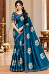 Luxury Space Silk Saree in Royal Peacock Blue with Silver Floral Zari Work