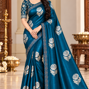 Luxury Space Silk Saree in Royal Peacock Blue with Silver Floral Zari Work