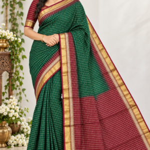 Traditional Forest Green & Deep Maroon Banarasi Cotton Saree with Zari Checkered Pattern