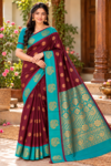 file_0000000031c081f4acd4c978c814f352 Cottanchi Soft Silk Saree with Peacock Motif Border and Rich Zari Pallu - Maroon & Teal Green