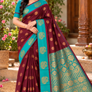 Cottanchi Soft Silk Saree with Peacock Motif Border and Rich Zari Pallu - Maroon & Teal Green