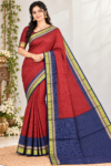 Elegant Brick Red & Royal Blue Banarasi Cotton Saree with Zari Checkered Pattern