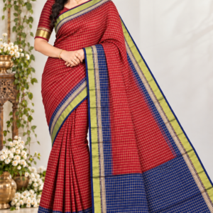 Elegant Brick Red & Royal Blue Banarasi Cotton Saree with Zari Checkered Pattern