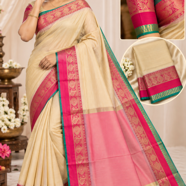 file_000000003a00820b96899a42d6fa4490 Elegant Off-White and Pink Banarasi Silk Saree with Contrast Border & Blouse