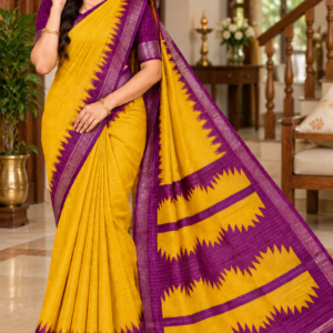 Golden Temple Saree in Bright Mustard Yellow & Royal Purple with Zari Temple Border