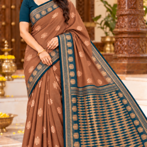 Elegance Party Wear Cotton Saree Coffee Brown & Deep Teal Zari Weaving