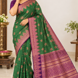 Amazing Party Wear Cotton Saree Green & Purple with Zari Weaving