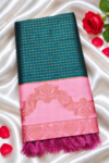 Peacock Green & Baby Pink Soft Silk Saree with Zari Grid Checks & Rich Jacquard Border