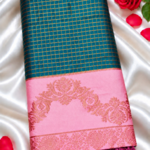 Peacock Green & Baby Pink Soft Silk Saree with Zari Grid Checks & Rich Jacquard Border