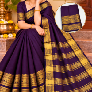 Kanchi Cool Cotton Saree in Dark Violet with Golden Zari Border