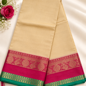 Elegant Off-White and Pink Banarasi Silk Saree with Contrast Border & Blouse