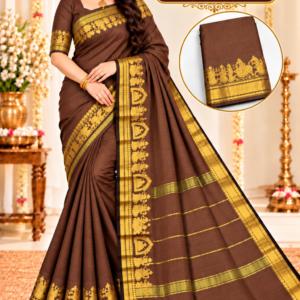 Kanchi Cool Cotton Saree in Rich Coffee Brown with Golden Zari Border