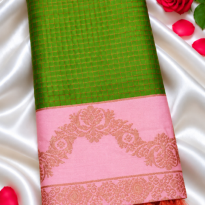 Insta Trend Parrot Green Soft Silk Saree with Zari Grid Checks & Rich Pink Border
