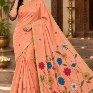 Warm Peach Multi-Color Floral Linen Cotton Saree with Zari Border